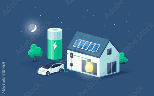 Home electricity scheme with battery energy storage system power modern house at night. photovoltaic solar panels and rechargeable li-ion backup. Electric car charging on renewable off-grid system.