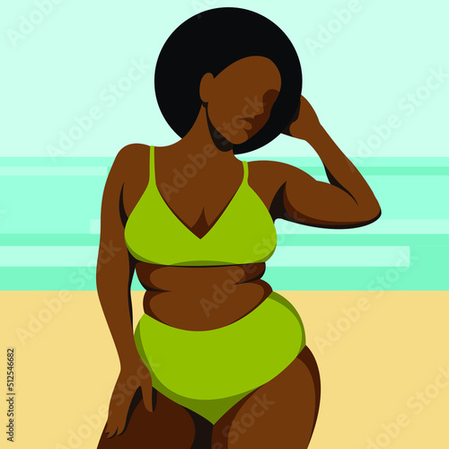 vector  illustration on the theme of summer holidays. a beautiful curvy happy dark-skinned girl stands on the beach in a green bikini on the beach against the backdrop of the sea or ocean. fatty folds