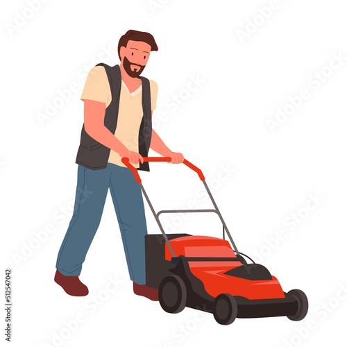 Man mowing grass with lawn mower vector illustration. Cartoon isolated worker of maintenance service holding push lawnmower machine to care summer garden, field and yard, gardener trimming plants
