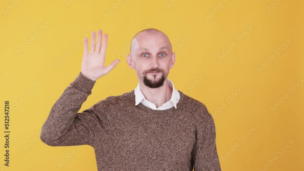 Goodbye leaving. Good luck. Boomerang motion. Comic bald man waving