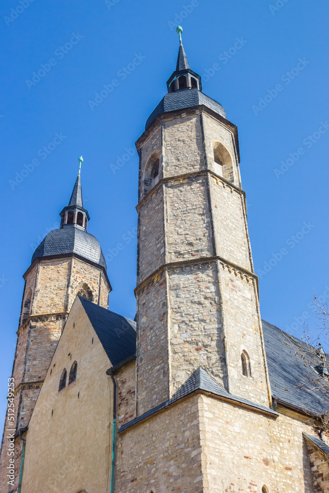 Towers of the historic St. Andreas church in Lutherstadt Eisleben, Germany