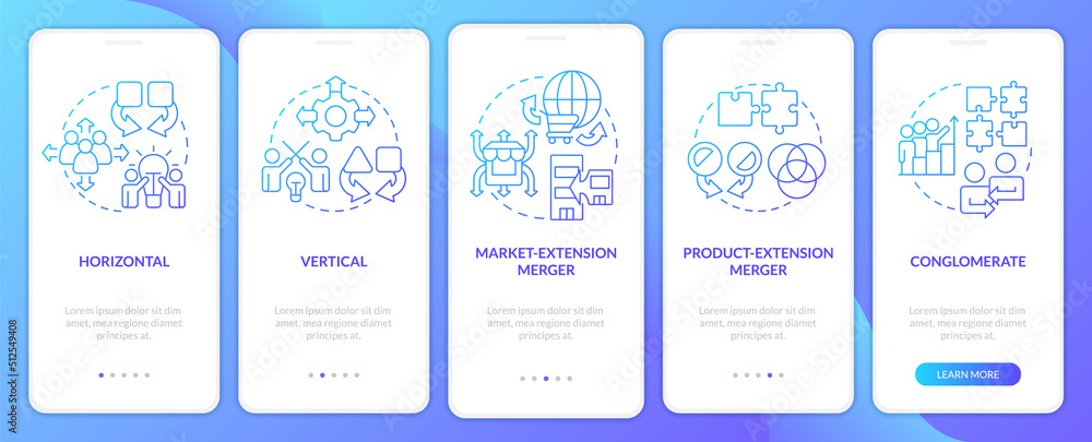 Types of mergers blue gradient onboarding mobile app screen. Business processes walkthrough 5 steps graphic instructions with linear concepts. UI, UX, GUI template. Myriad Pro-Bold, Regular fonts used