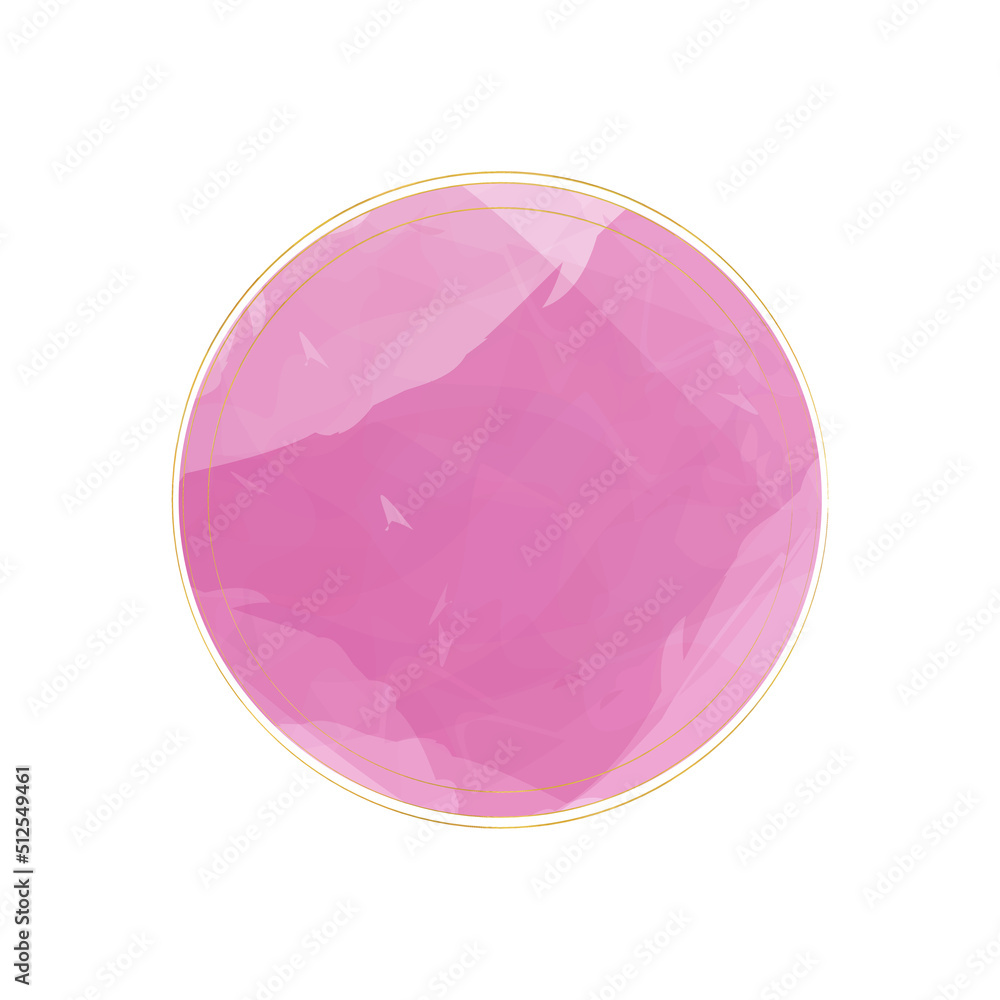 Trend watercolor frame with gold stroke. Pink Round watercolor splash with gexagon gold frame. Trend watercolor frame with gold stroke. Pink Round watercolor splash with gexagon gold frame.