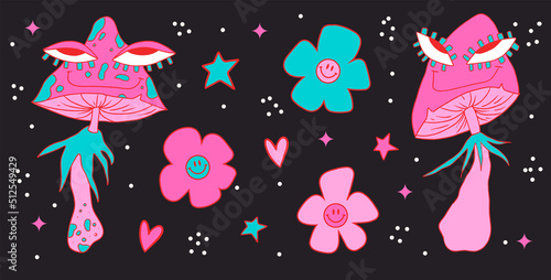 Neon cartoon psychedelic trippy mushrooms with eyes and daisy sticker set. 70s Hallucination hippie elements. Groovy vector illustration