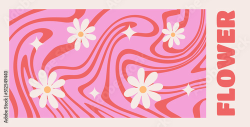 Wavy Swirl Groovy daisy Pattern Set on red and pink colors. Seventies Style, Hippie Background, Psychedelic wave Wallpaper. Hand Drawn flat Vector Illustration