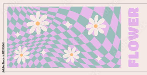 Wavy Swirl Groovy daisy Pattern on purple color. Seventies Style, Hippie Background, Psychedelic wave Wallpaper. Hand Drawn flat Vector Illustration