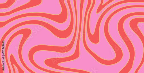 Wavy Swirl Groovy Pattern on red and pink colors. Seventies Style, Hippie Background, Psychedelic wave Wallpaper. Hand Drawn flat Vector Illustration