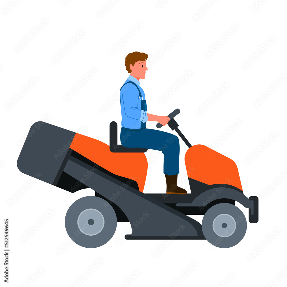 Man mowing grass with lawn mower tractor vector illustration. Cartoon isolated male driver riding lawnmower machine, farmer gardening with motor equipment and cutting spring plants, side view
