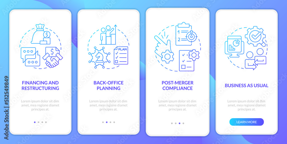 Business merger stages blue gradient onboarding mobile app screen. Corporate walkthrough 4 steps graphic instructions with linear concepts. UI, UX, GUI template. Myriad Pro-Bold, Regular fonts used