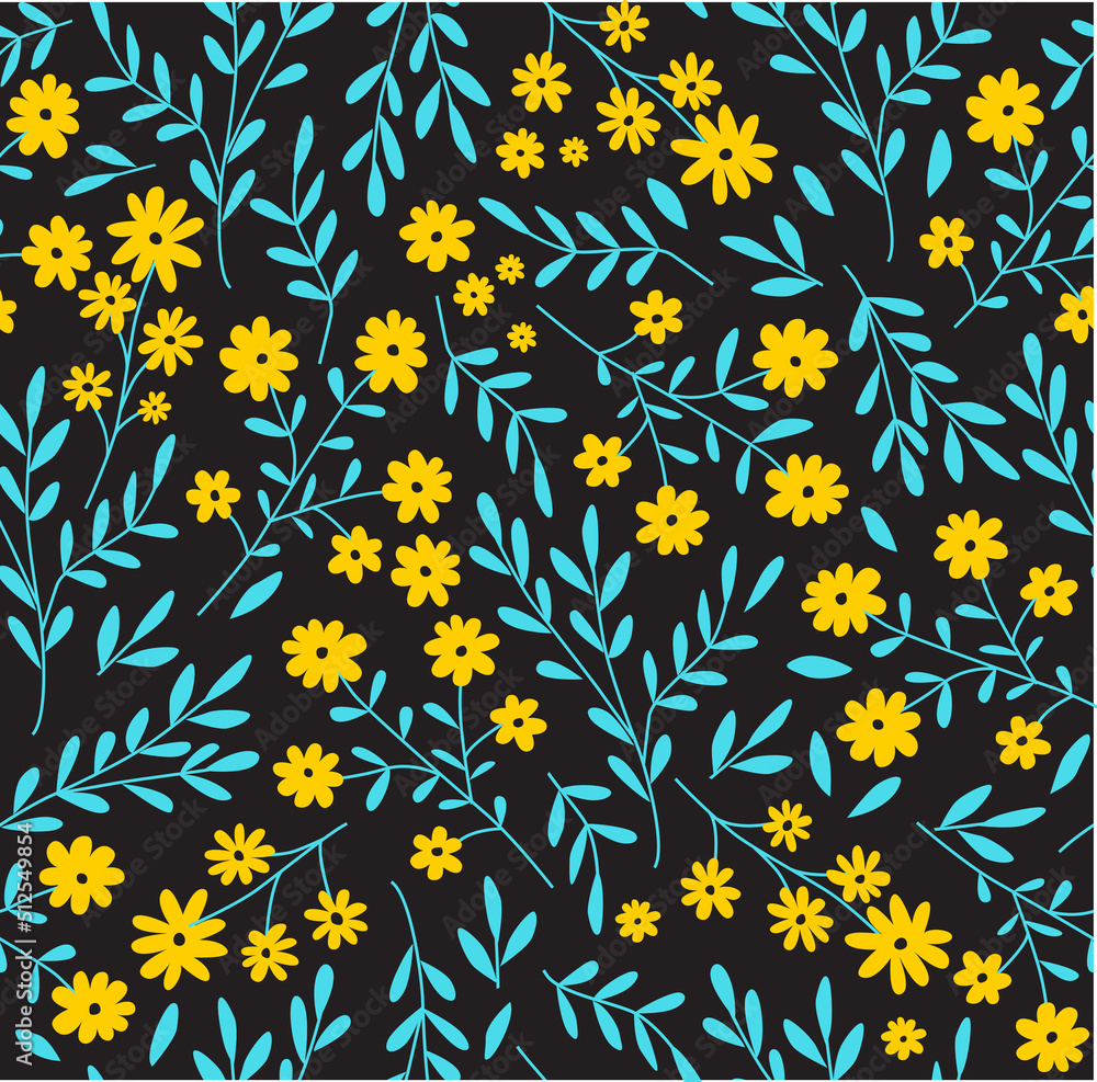 Print. Vector seamless background with bright small flowers yellow-blue color. Wildflowers. Bright vector botanical pattern on a dark background. fabric, paper. Wallpaper. Print. Vector seamless background with bright small flowers yellow-blue color. Wildflowers. Bright vector botanical pattern on a dark background. fabric, paper. Wallpaper.