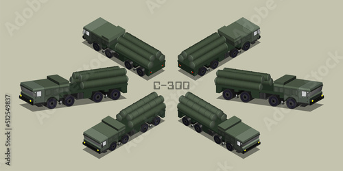 Isometric 3D russian self-propelled anti-aircraft defense missile system c-300 in green camouflage color with four missiles in tubes. Six projections