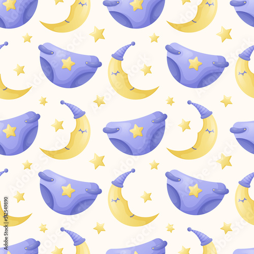 Baby diaper or panty and cute crescent moon in sleep cap, vector cartoon seamless pattern.