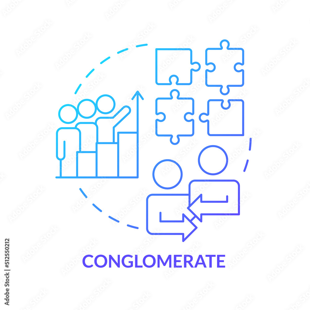 Conglomerate business merger blue gradient concept icon. Different areas integration. Merger type abstract idea thin line illustration. Isolated outline drawing. Myriad Pro-Bold fonts used Conglomerate business merger blue gradient concept icon. Different areas integration. Merger type abstract idea thin line illustration. Isolated outline drawing. Myriad Pro-Bold fonts used