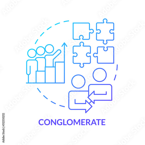 Conglomerate business merger blue gradient concept icon. Different areas integration. Merger type abstract idea thin line illustration. Isolated outline drawing. Myriad Pro-Bold fonts used