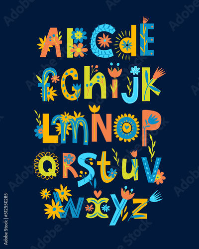 Print. Funny english alphabet. Bright floral lettering. Typographic poster for kids education. Preschool education. cute bright poster for kids
