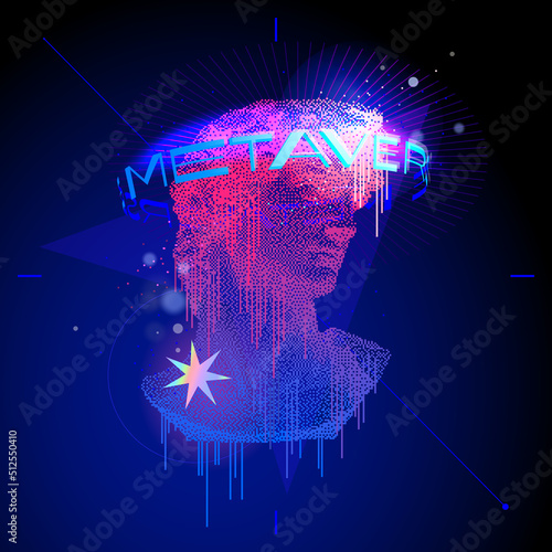 Metaverse VR and AR technology futuristic concept. Michelangelo's David looks up in cyberspace of metaverse. Virtual reality or Augmented reality world simulation. Vector
