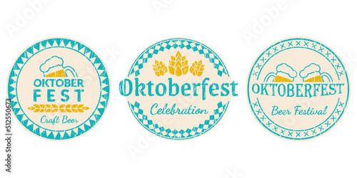 Oktoberfest badge, logo or label design set with grunge, rough texture. Circle German, Bavarian beer fest emblem templates with beer mug. Vector illustration.