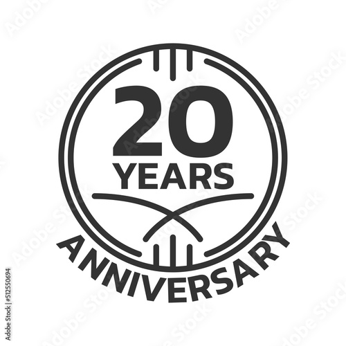 20th Anniversary logo or icon. 20 years round stamp design. Birthday celebrating, jubilee circle badge or label template. Vector illustration.