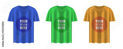 Set of realistic t-shirts mockup isolated on white background. Blue, green and orange colour option. Vector illustration..