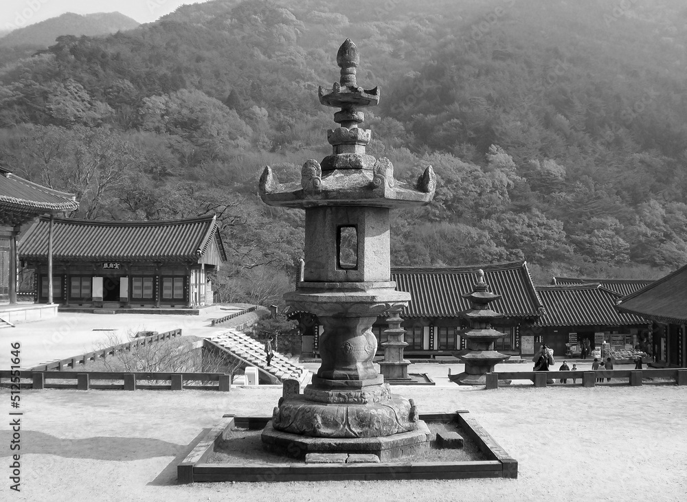 Obraz premium The largest stone lantern in South Korea at Hwaeomsa temple, located on Jirisan mountain, Jeollanam province in monochrome