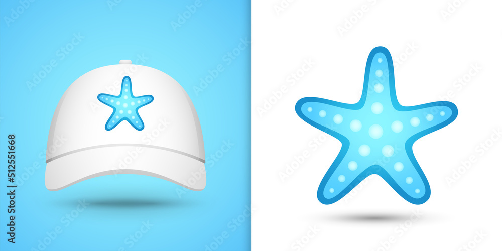 Starfish on white baseball cap. Vector illustration Starfish on white baseball cap. Vector illustration