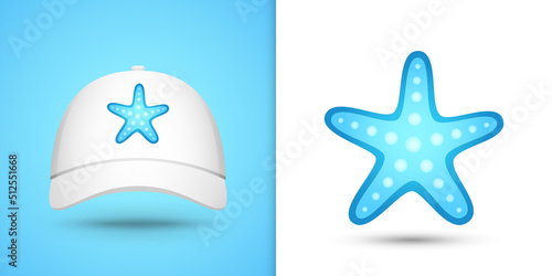 Starfish on white baseball cap. Vector illustration