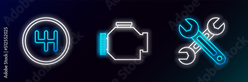Set line Wrench, Gear shifter and Check engine icon. Glowing neon. Vector