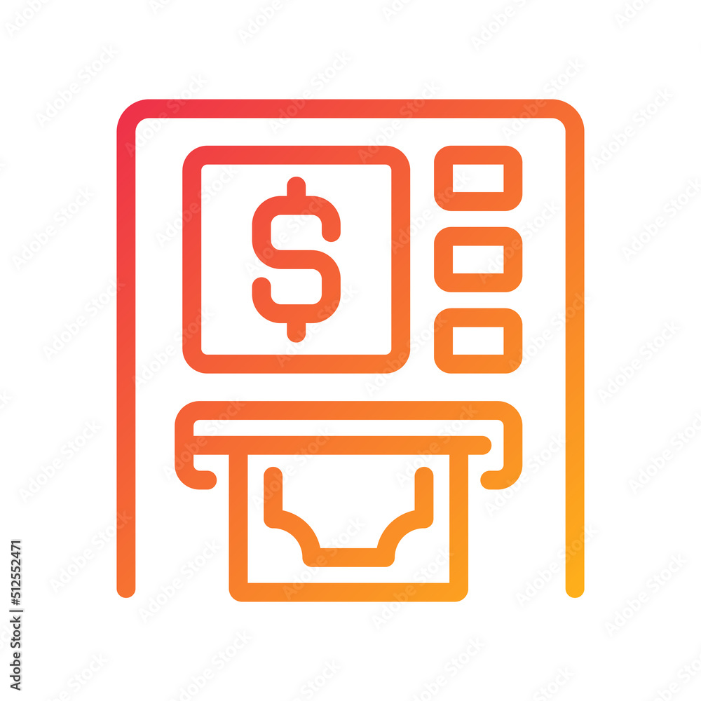 ATM pixel perfect gradient linear vector icon. Automated teller machine. Withdrawing cash. Financial transactions. Thin line color symbol. Modern style pictogram. Vector isolated outline drawing ATM pixel perfect gradient linear vector icon. Automated teller machine. Withdrawing cash. Financial transactions. Thin line color symbol. Modern style pictogram. Vector isolated outline drawing