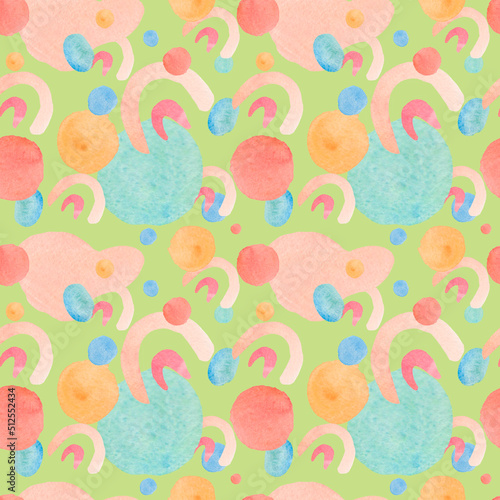 Watercolor Seamless pattern with abstract shapes on lime green.Repeating print with colorful textures simple hand drawing.Designs for textiles,fabric,wrapping paper,printing,wallpaper,packaging.