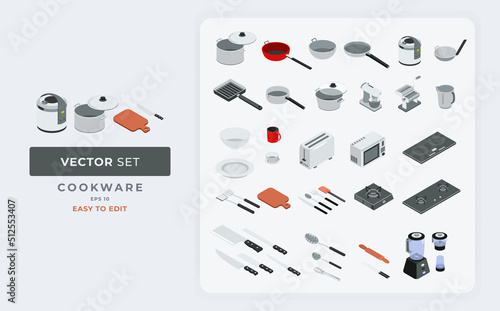 Isometric 3d cookware set vector illustration fully editable eps 10.