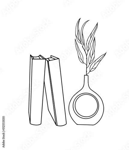 Hand drawn standing books with modern vase with leaf plant, line art aesthethic vector illustration, isolated on white background