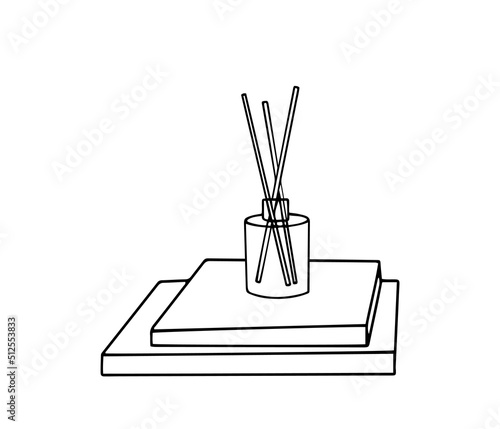 Hand drawn stack of books with aromatic sticks for home fragrance in a bottle on. Isolated vector illustration