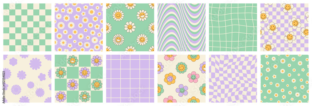 Groovy seamless patterns with funny happy daisy, wave, chess, mesh, rainbow. Set of vector backgrounds in trendy retro trippy y2k style. Lilac and green colors. Fun hippie texture for surface design. Groovy seamless patterns with funny happy daisy, wave, chess, mesh, rainbow. Set of vector backgrounds in trendy retro trippy y2k style. Lilac and green colors. Fun hippie texture for surface design.