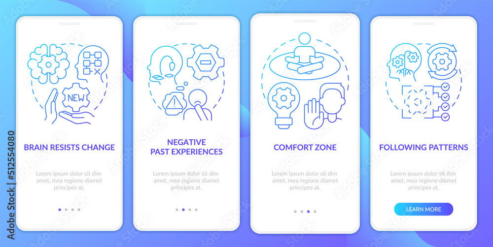 Why we resist change blue gradient onboarding mobile app screen. Inflexibility walkthrough 4 steps graphic instructions with linear concepts. UI, UX, GUI template. Myriad Pro-Bold, Regular fonts used