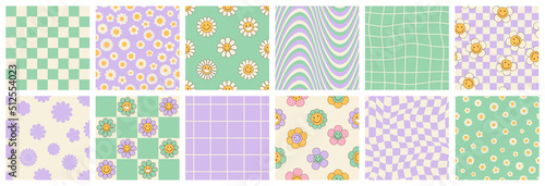 Groovy seamless patterns with funny happy daisy, wave, chess, mesh, rainbow. Set of vector backgrounds in trendy retro trippy y2k style. Lilac and green colors. Fun hippie texture for surface design.
