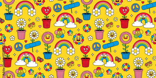Groovy cartoon seamless pattern. Funny happy Earth, Peace, Love, rainbow, heart, flower, daisy. Vector background in trendy retro cartoon style. Hippie 60s, 70s style. Flower power.