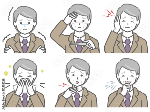 風邪の症状が出ている高齢男性（スーツ）