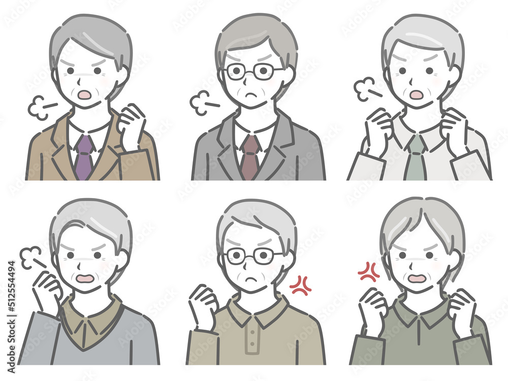 怒る高齢男性の斜め向き上半身セット