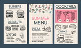 Summer menu, template design. Food flyer. Hand-drawn style. Vector illustration.
