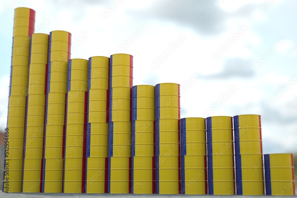 Rows of steel oil barrels with flag of Romania form downward trend. Petroleum industry crisis concept, 3D rendering Rows of steel oil barrels with flag of Romania form downward trend. Petroleum industry crisis concept, 3D rendering