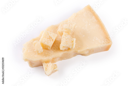 Different pieces of hard cheese on a white background