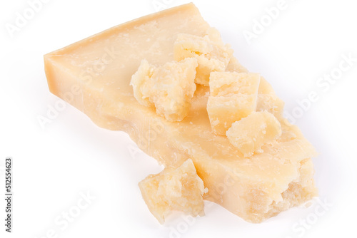Different pieces of hard cheese close-up on white background