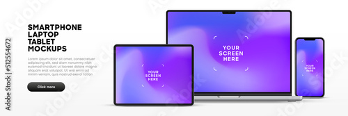 Modern laptop mockup front view and high quality smartphone and tablet mockup isolated on white background. Notebook mockup and phone device mockup for ui ux app and website presentation.Stock Vector. photo