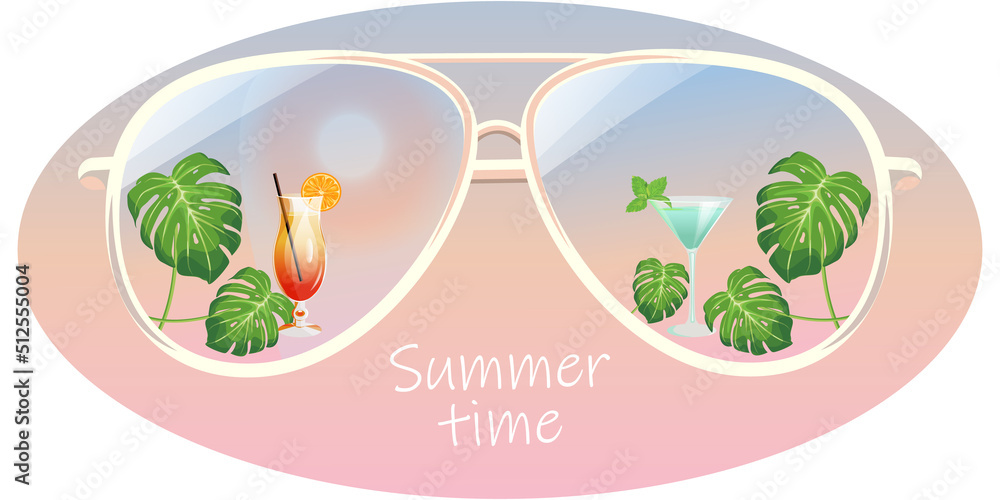 Summer time.Illustration of sunglasses with cocktails and monstera leaves on a sunset background.The concept of sunglasses for summer holidays, parties.