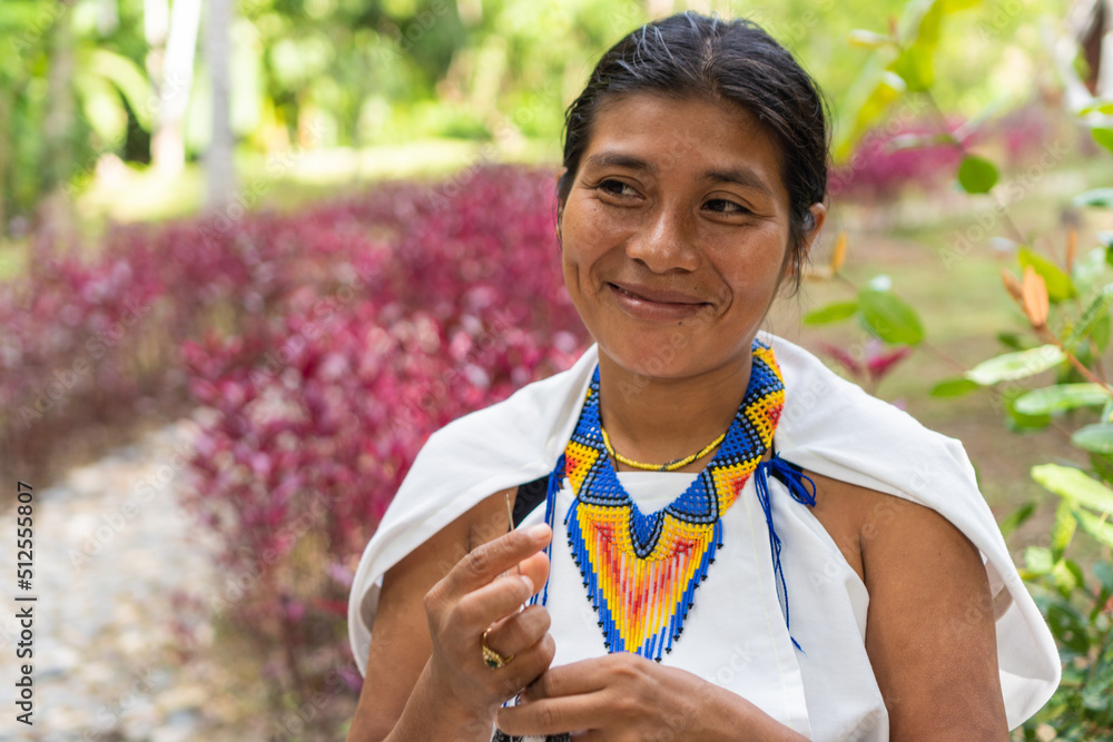 portrait of a Colombian woman in traditional clothing. Beautiful shot of a  young indigenous woman from the Sierra Nevada de Santa Marta Stock Photo