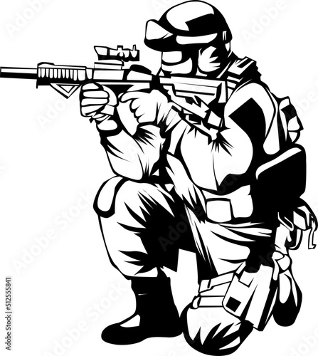 a vector silhouette illustration of a soldier shooting.