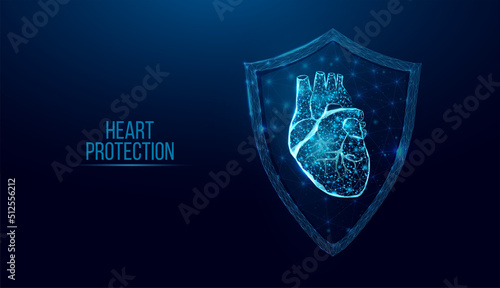 Human heart protection. Wireframe low poly style. Concept for medical science, cardiology illness. Abstract modern 3d vector illustration on dark blue background.