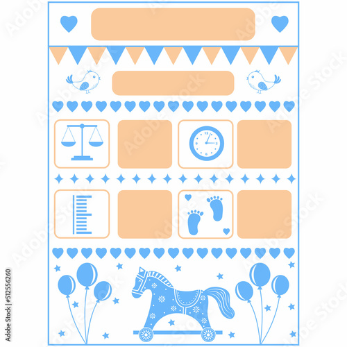 Cartoon template of a child's birth certificate with a wooden horse, metrics. Vector illustration