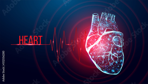 Human heart wireframe. World heart day concept. Banner template glowing low poly. Futuristic modern abstract. Isolated on dark background. Vector illustration.