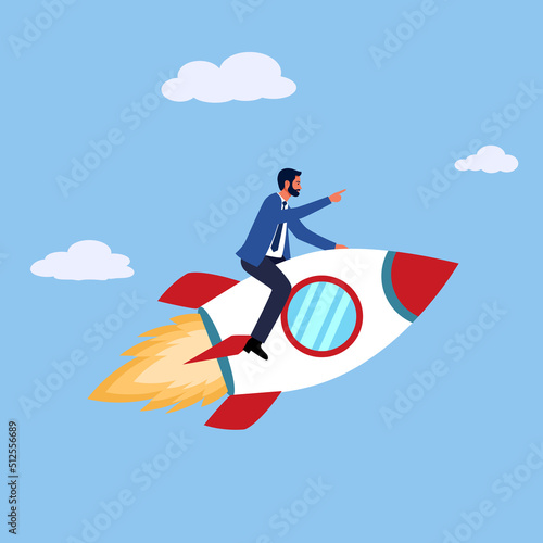 Businessman riding on space rocket in flat design. Startup business. Flying to success.